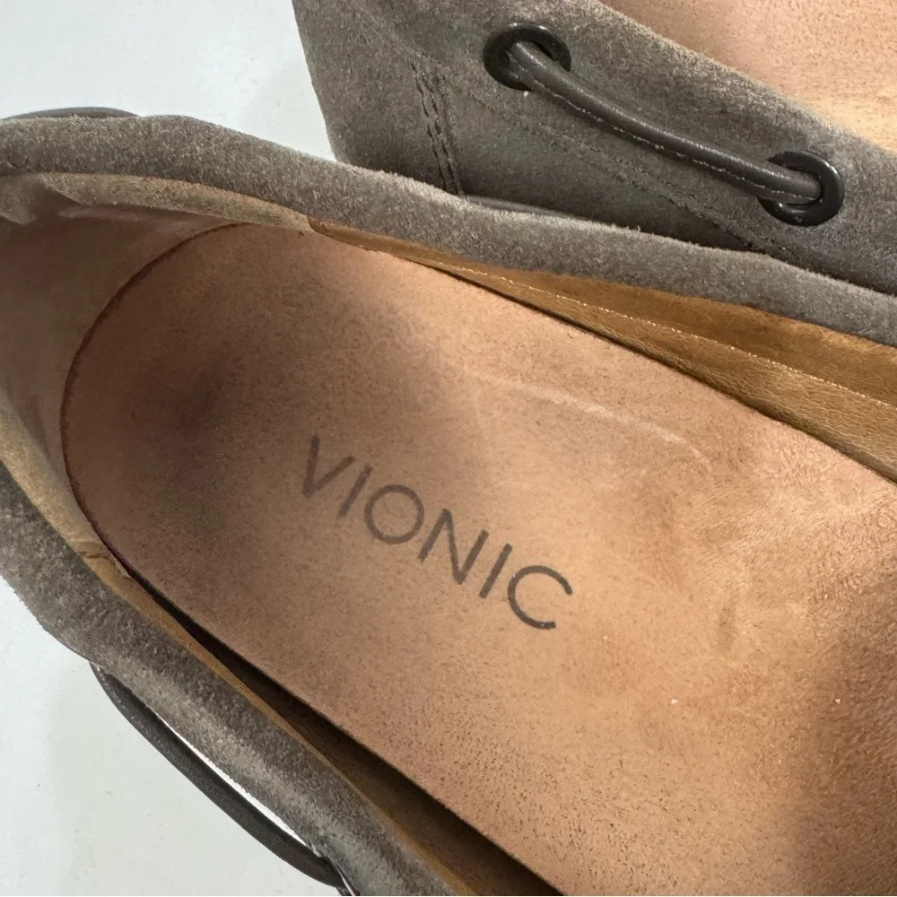 Vionic Suede Leather Grey Slip On Driving Loafers Casual Shoes With Bow Detail